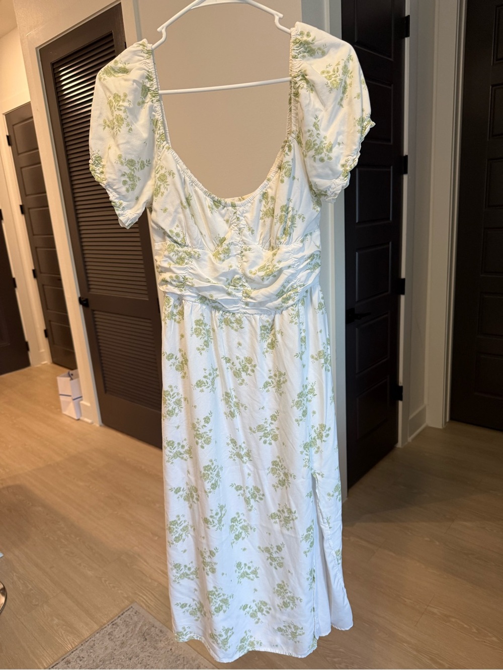 Hollister White Midi Dress with Light Green Floral Print